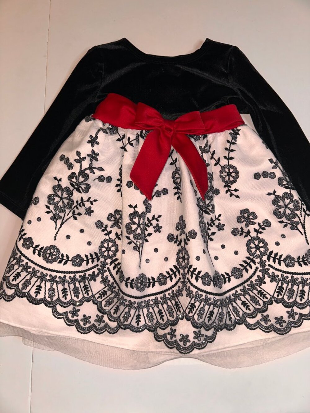 RARE EDITIONS Velvet Flocked Black White & Red Christmas Dress 3T #653